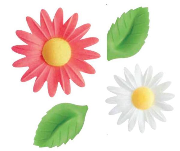 WAFER DECO BLISTER 12 PINK-WHITE DAISIES/12 LEAVES - 4.5 x 4/4.5 x 2 cm 24 pk