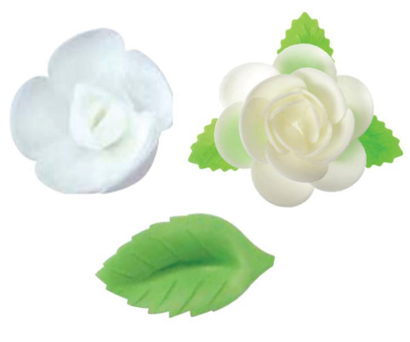 WAFER DECO BLISTER 6 WHITE ROSES/12 LEAVES - 4.5 x4/4.5 x 2 cfm 18 pk